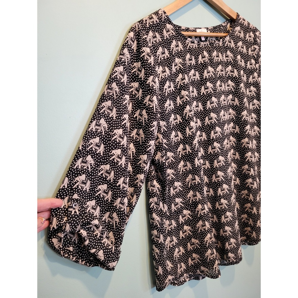 Black Tan Elephant Novelty Lightweight Roll Tab Sleeve Top Pixley Sz L - Picture 3 of 8